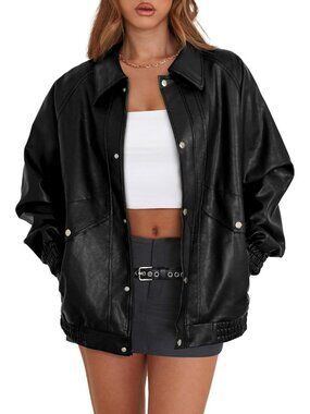 Women's Black Faux Leather Jacket Oversized Y2k Autumn Imported Winter Coat